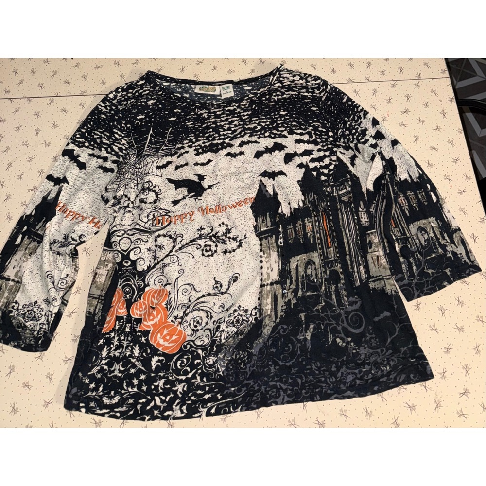 Collections Etc Halloween Haunted Castle Sequin Top Black White Orange Large